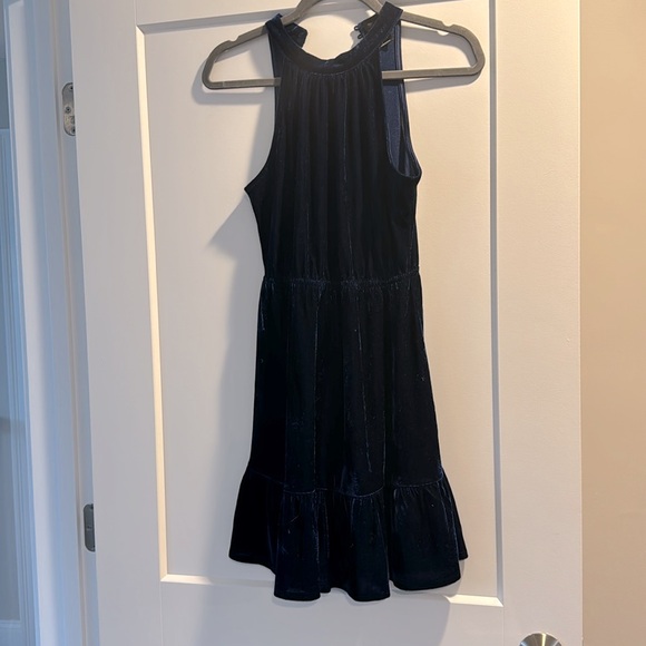 Blue velvet Aqua Dress with high neck and ruffled bottom - Picture 2 of 2